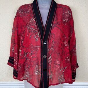 CHICOS 2 L Red Black Floral Silk Kimono Button Up Sheer Chic Vintage